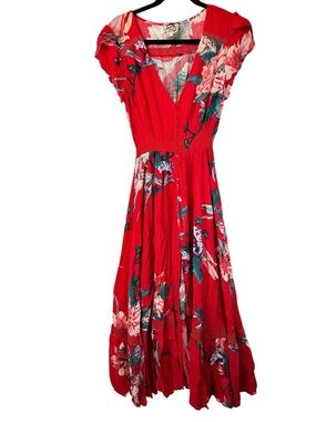 Jaase Boho Maxi Dress Red Floral Button Front Tiered Festival Summer Large